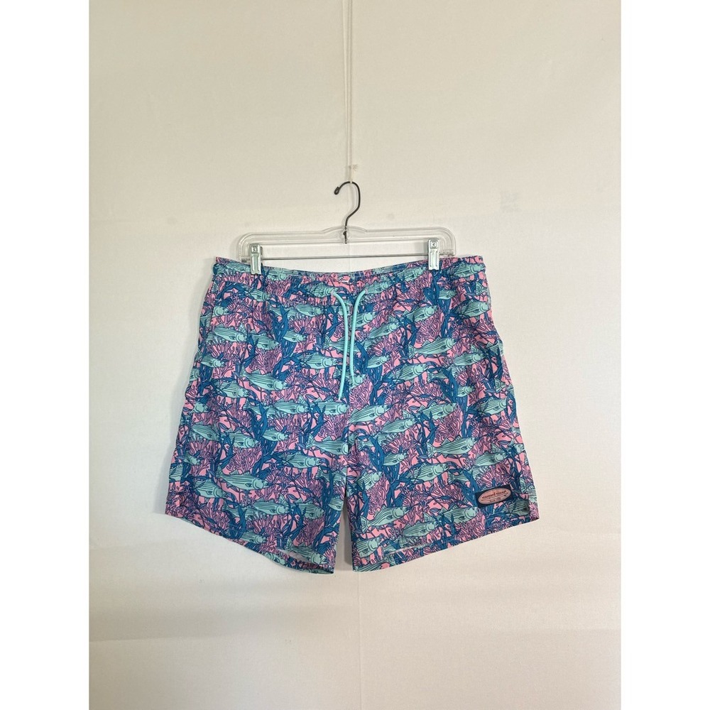 Vineyard Vines • Men's Chappy Swim Trunk Short Size M Coral‎ Fish Print Neon